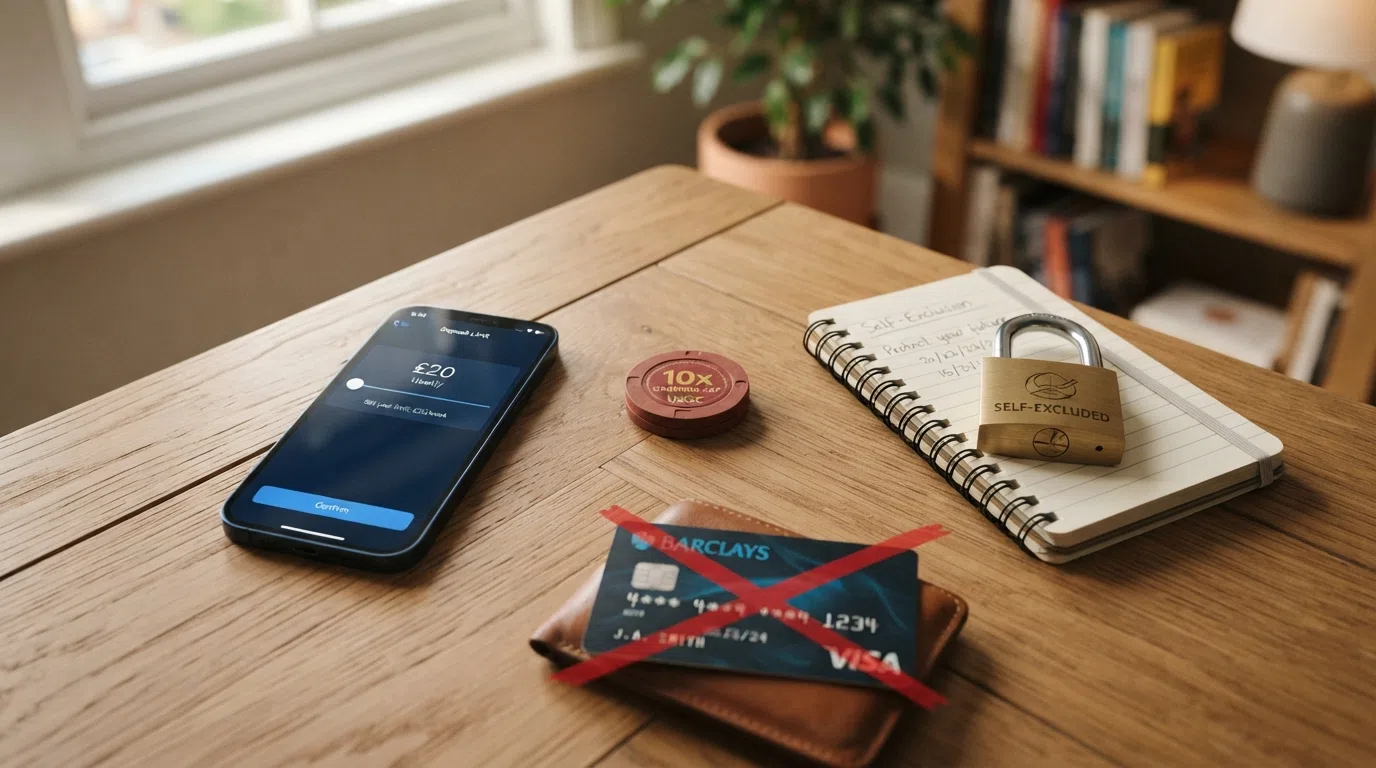 The UK Gambling Commission logo beside icons representing the key player safeguards — a ten-times multiplier cap, a deposit-limit slider, a self-exclusion padlock and a credit-card crossed out in red