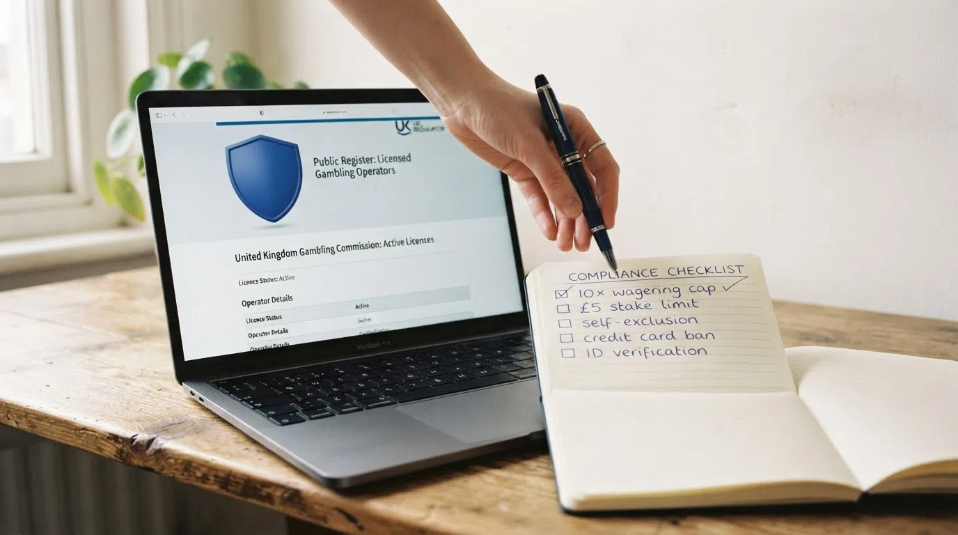 The UK Gambling Commission logo beside a simplified checklist of five player protections: 10× wagering cap, £5 stake limit, GAMSTOP, credit card ban, and mandatory ID verification