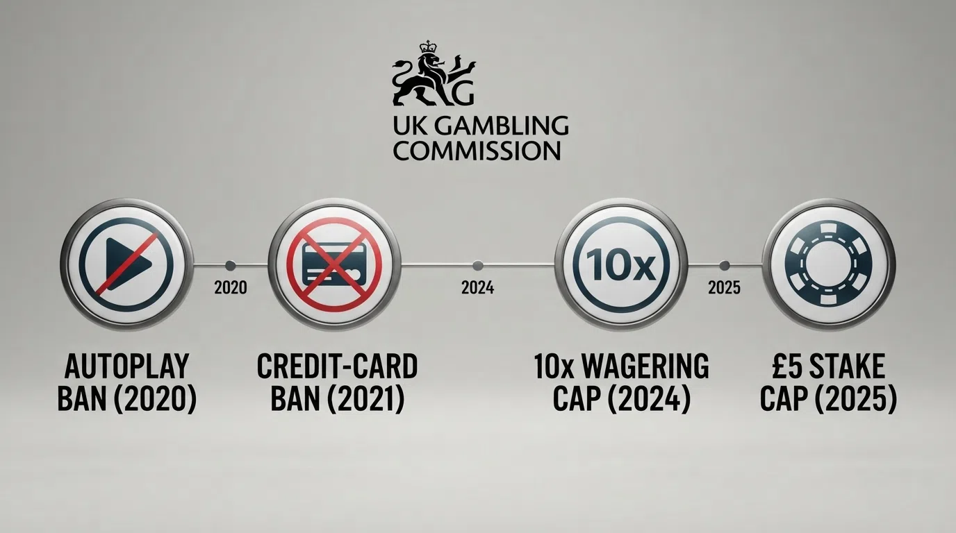 A timeline-style graphic showing the key UK slot-regulation milestones — the £5 stake cap (2025), the credit-card ban (2020), the autoplay ban (2021) and the 10× wagering cap (2025) — with the UKGC logo as the anchor