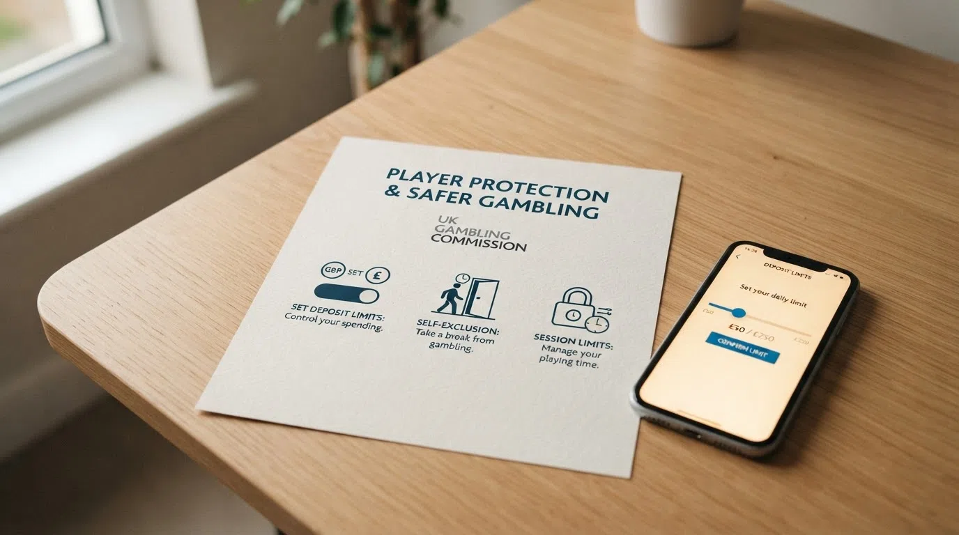 The UK Gambling Commission logo alongside three icons representing player-protection tools: a deposit-limit slider, a GAMSTOP self-exclusion screen, and a padlock symbol