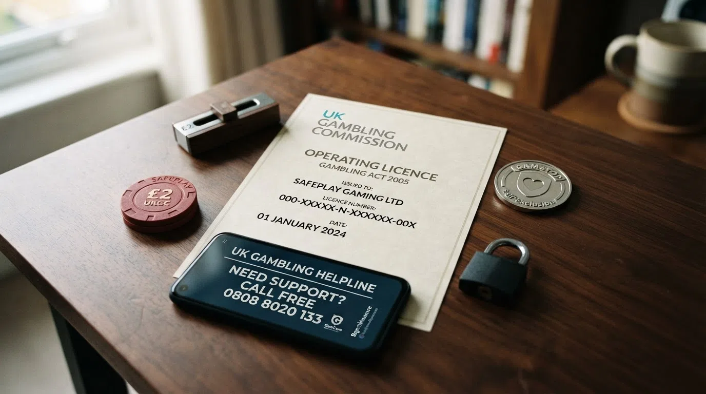 The UK Gambling Commission logo beside a column of icons: a stake-limit cap showing £2, a deposit-limit slider, a Gamstop shield, a helpline phone and a padlock representing fund segregation