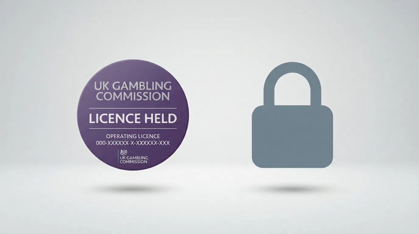 A UK Gambling Commission registered licence badge beside a padlock symbol on a white background