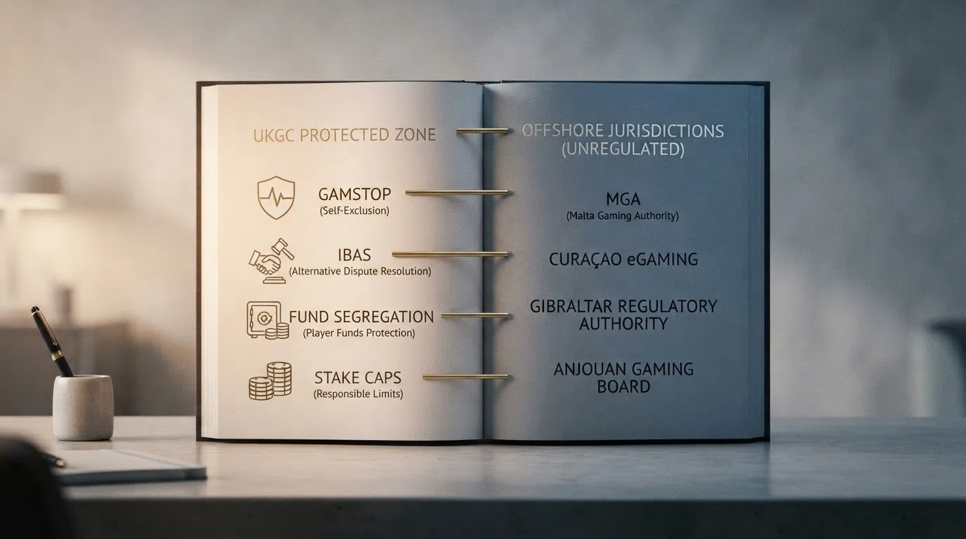 A conceptual illustration of the UKGC regulatory perimeter — a dashed line separating a protected zone (labelled with GamStop, IBAS, fund segregation, stake caps) from an outer zone (labelled with the offshore licence jurisdictions — MGA, Curaçao, Gibraltar, Anjouan) with arrows showing which protections stop at the boundary.