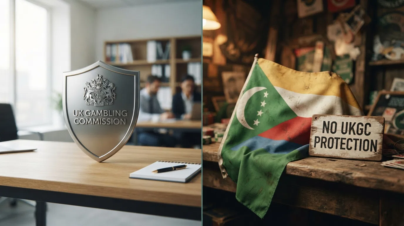Split view contrasting a UK Gambling Commission shield with an offshore flag and a warning sign