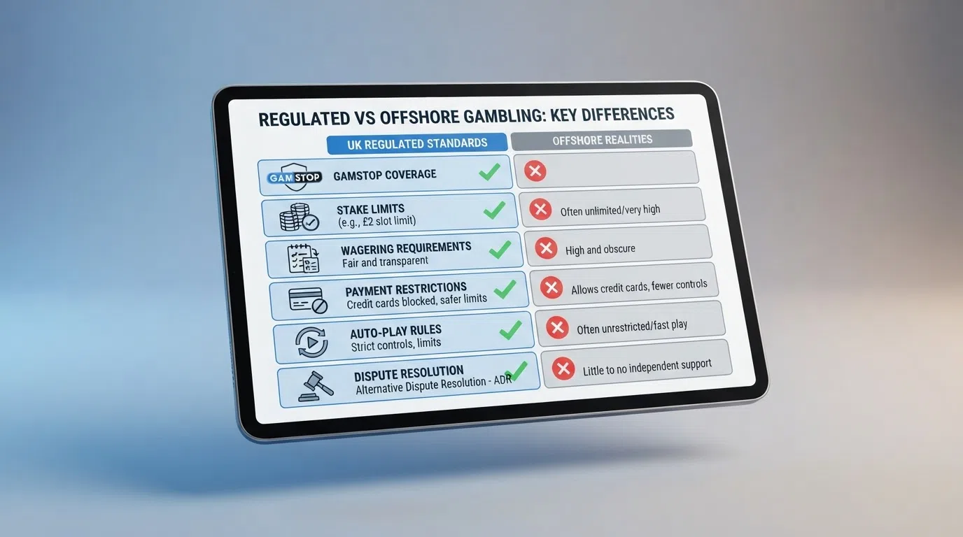 A side-by-side checklist infographic showing six UKGC-mandated protections on the left and their absence or offshore equivalent on the right