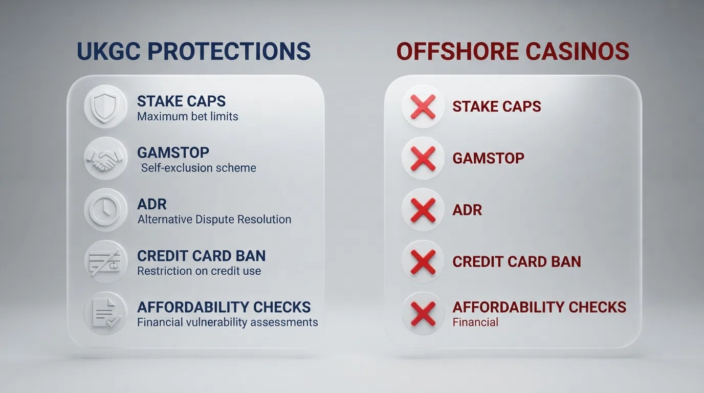 A side-by-side visual: one column lists the ten UKGC protections (stake caps, GAMSTOP, ADR, credit card ban, affordability checks), the other shows the same rows marked as absent for non-Gamban casinos.