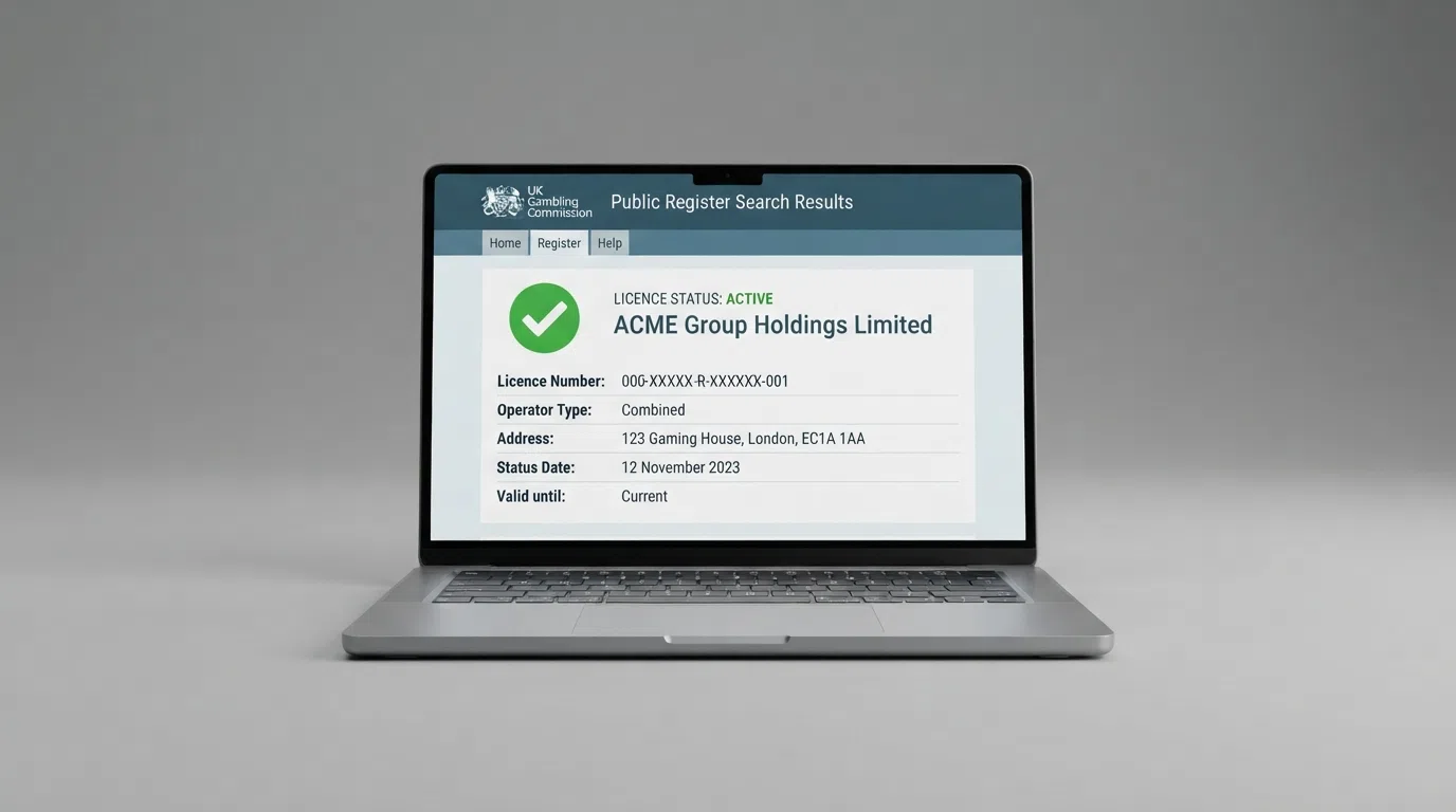 The UK Gambling Commission public register search interface with an operator licence record visible on screen