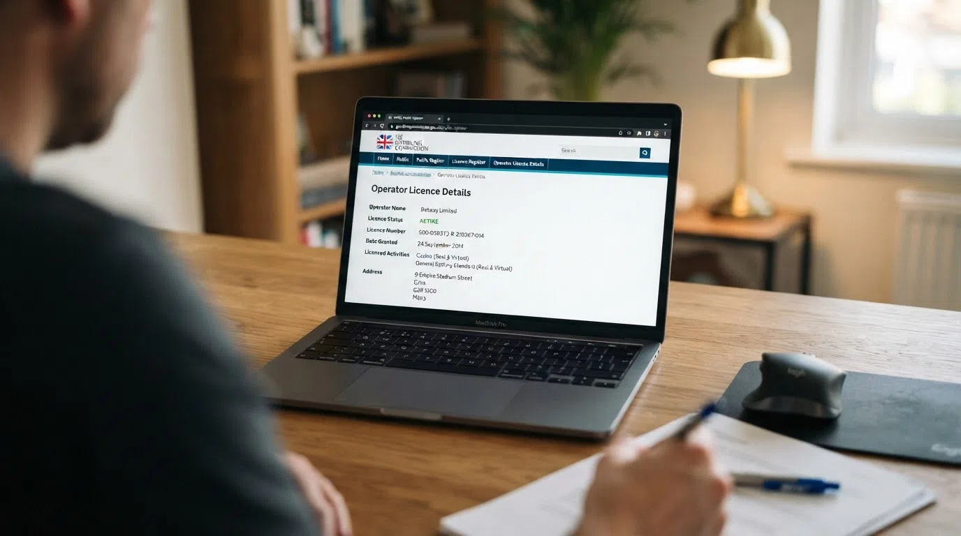 The Gambling Commission public register web page displaying an operator's licence details and status