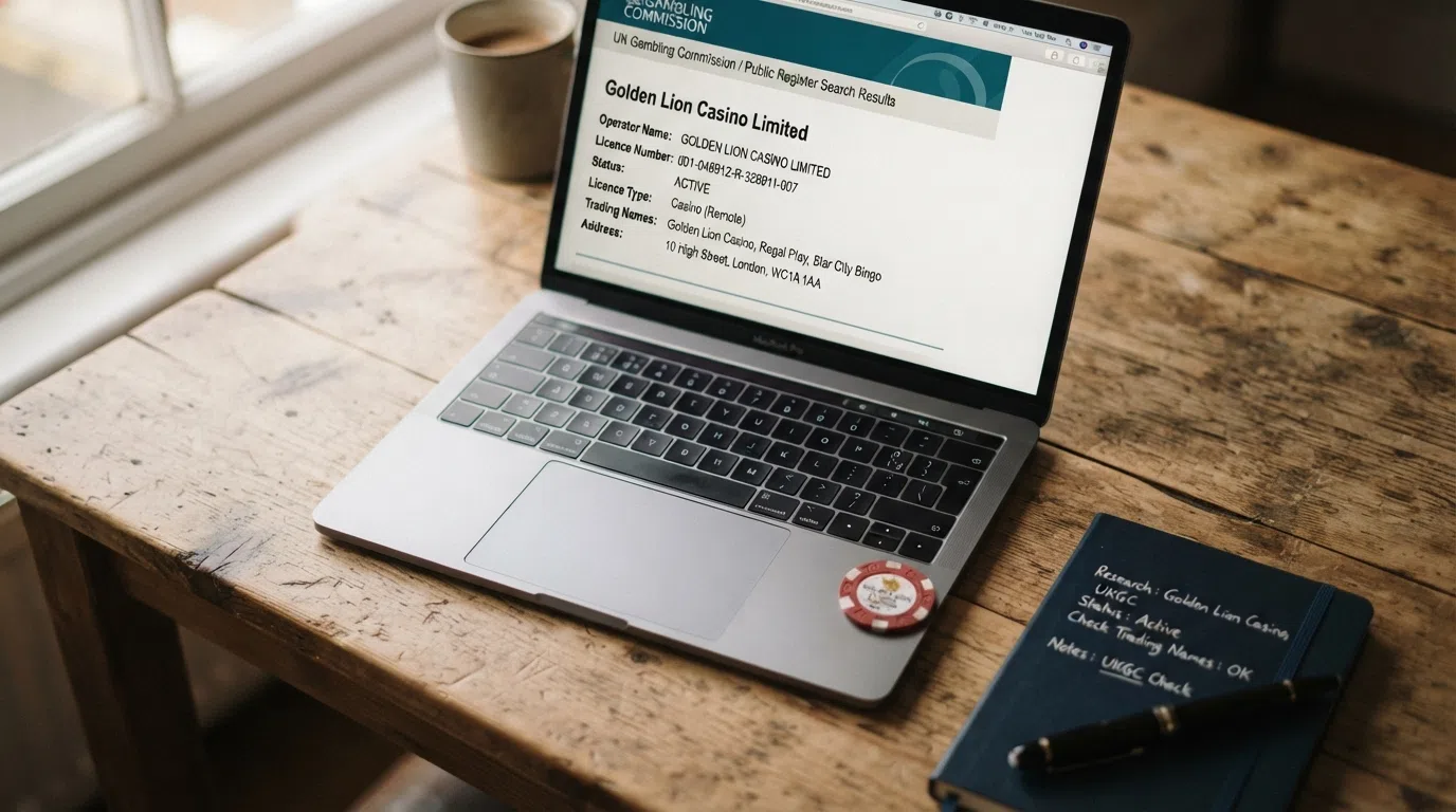 The UK Gambling Commission public register website displaying a search result for a casino operator showing its licence number, status, and licence type.