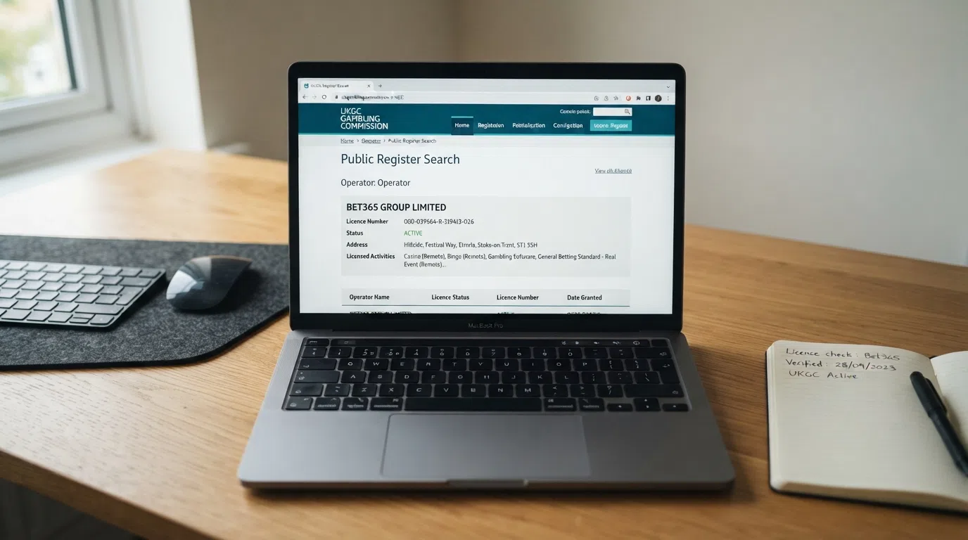 A browser window open to the UK Gambling Commission public register with a licence number entered in the search field and a result displaying an active operator record