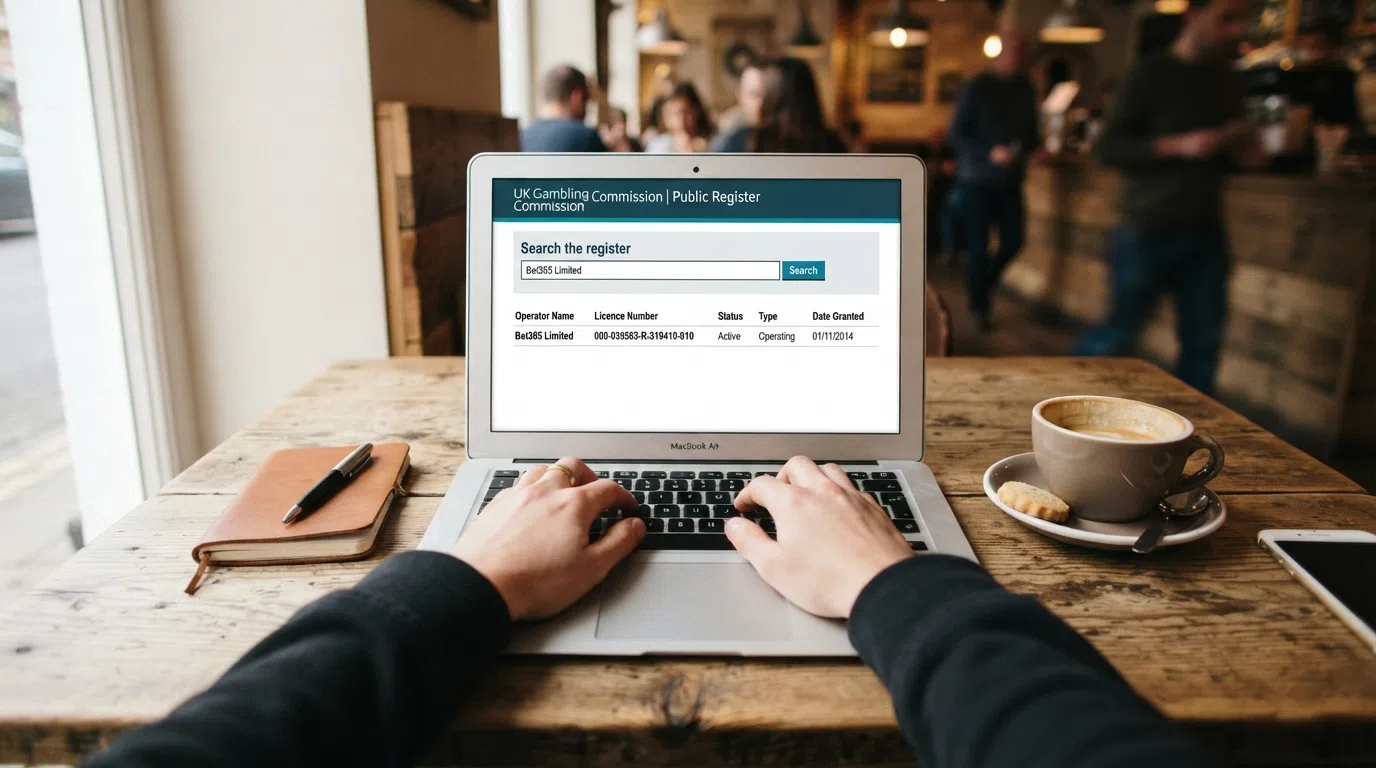 The UK Gambling Commission public register search interface with an operator licence-status result