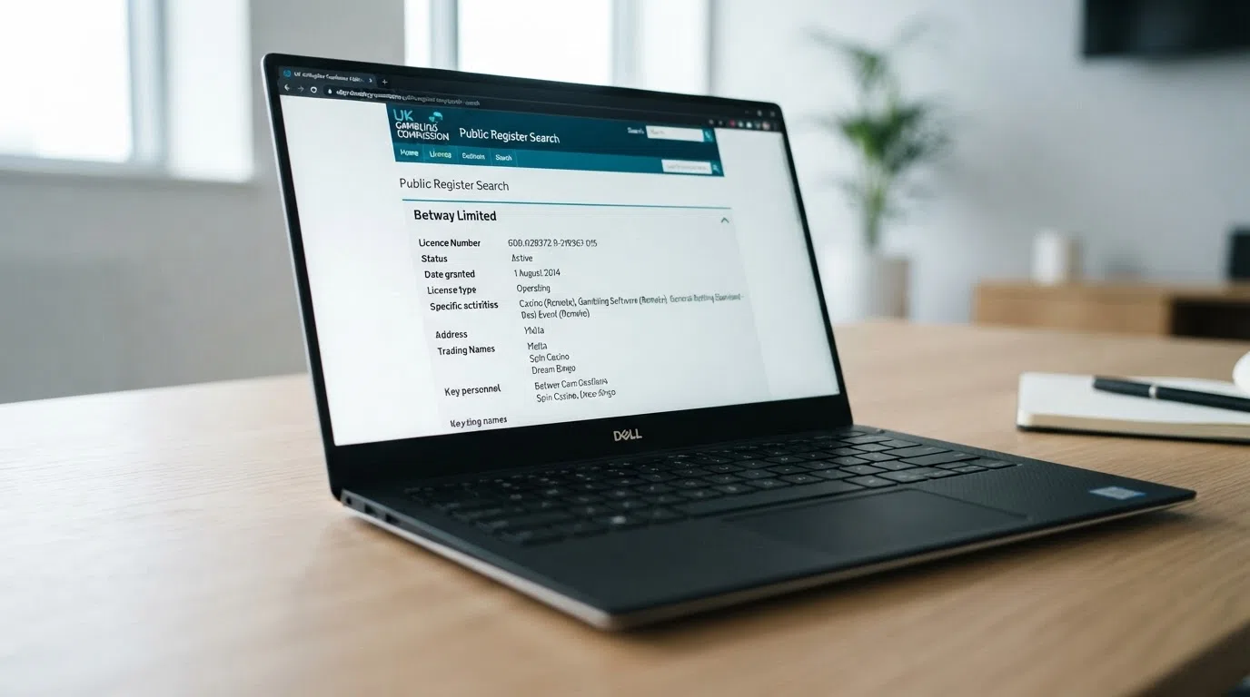 A laptop screen showing the UK Gambling Commission public register search page with a licence holder's entry expanded, status marked active and licence number visible