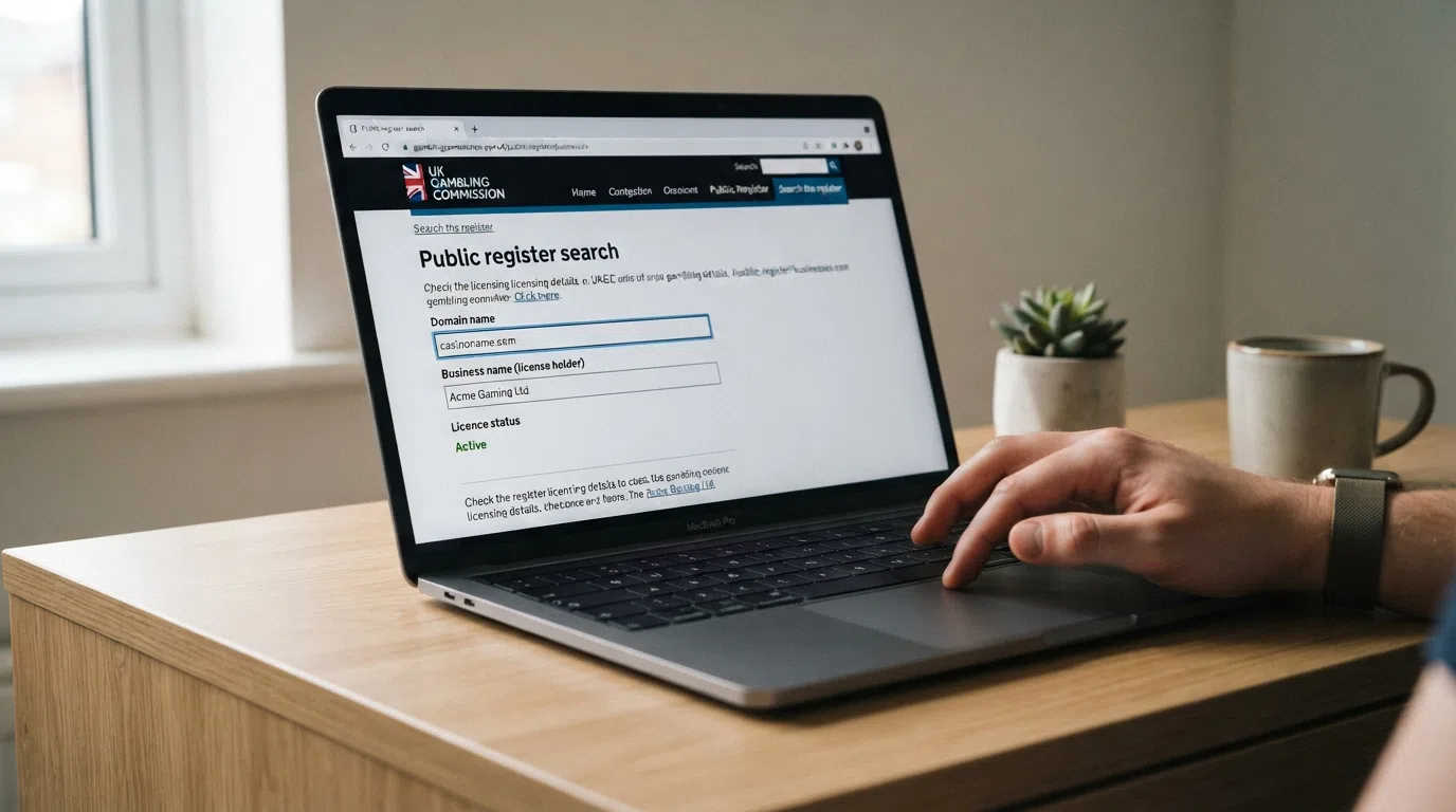 A close-up of a browser window showing the UKGC public-register search form with the domain-name field highlighted and a sample casino name entered
