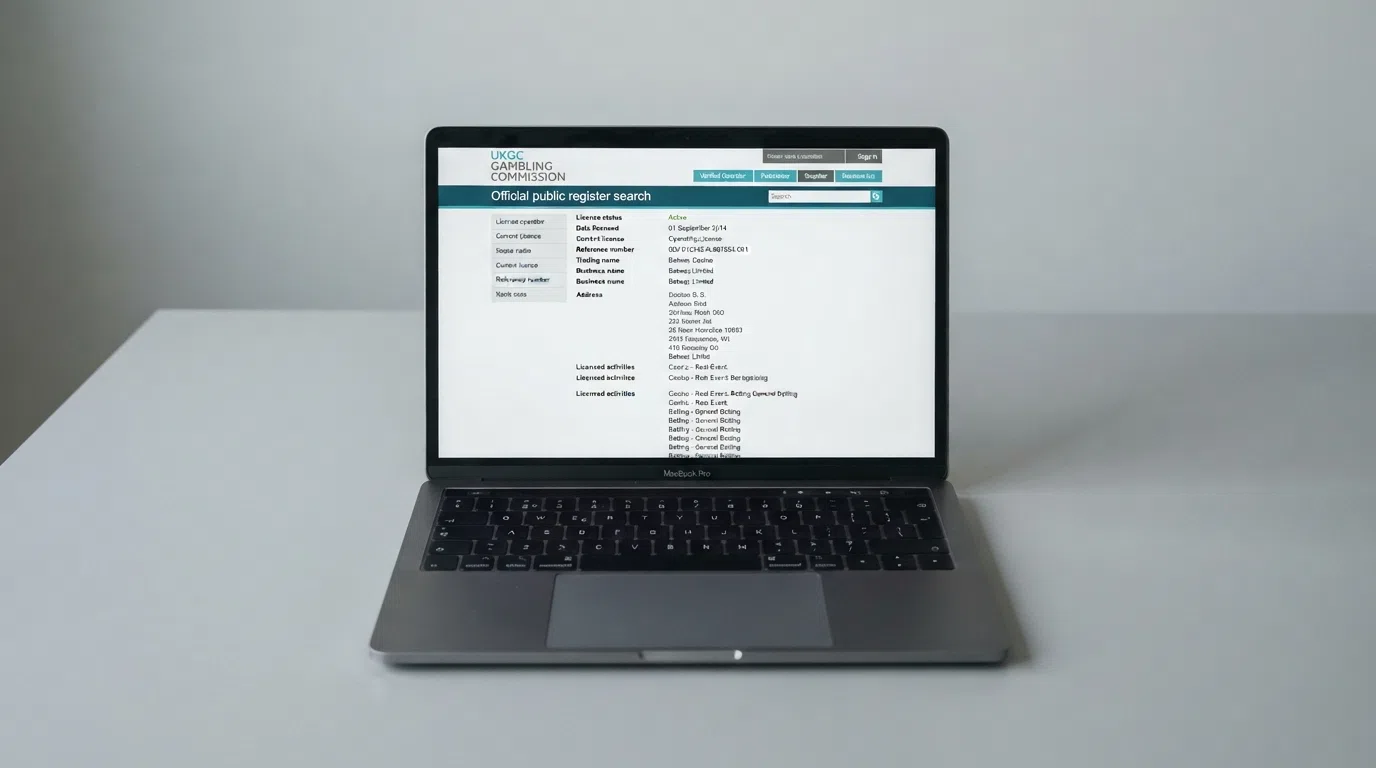 The UK Gambling Commission public register search interface on a desktop screen, showing a business record with fields for licence number, status marked 'Active', licence type 'Operating licence' and trading name visible