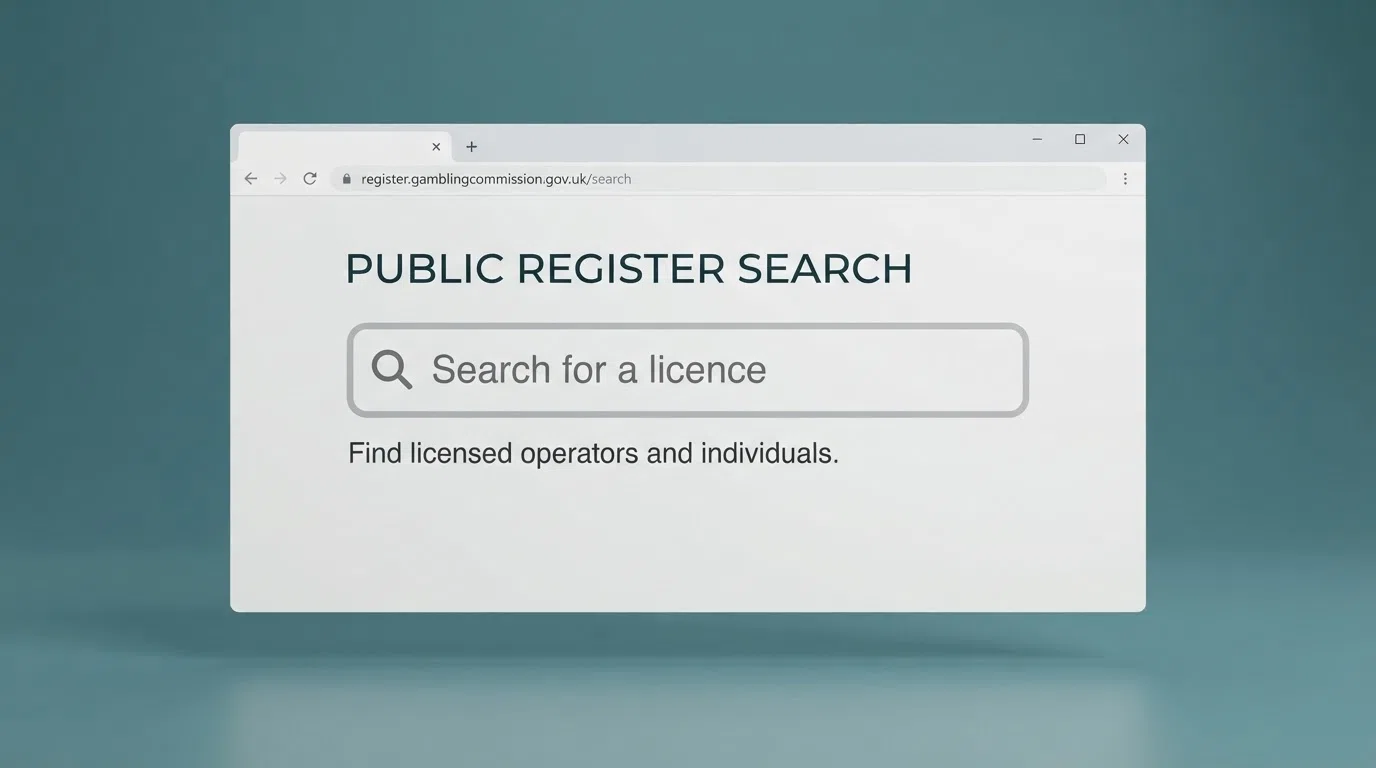 A browser window showing the Gambling Commission register search box