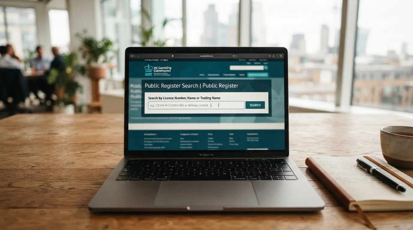 A screenshot of the UK Gambling Commission's public register search interface with the operator-search field visible, illustrating the register any player can check