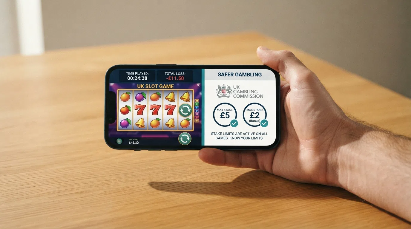 A split-screen composition: on the left, a smartphone displaying a slot session screen with the time-played and total-loss trackers visible; on the right, the Gambling Commission logo and a simplified graphic of the £5 and £2 stake-cap badges
