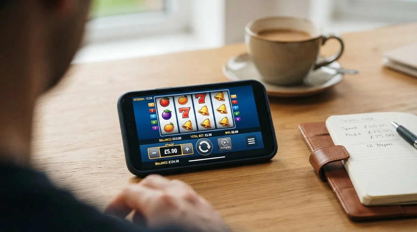 A UK slot game screen showing a stake selector and a session timer