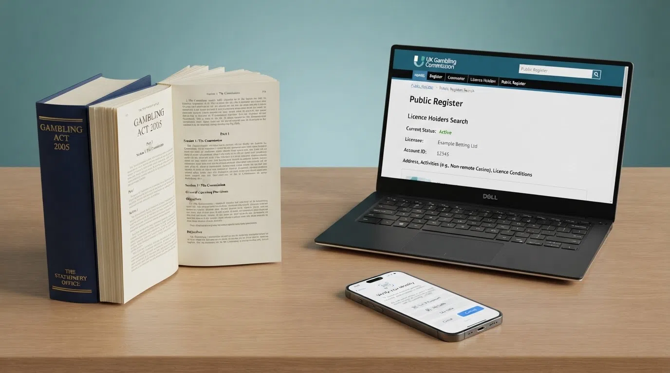 An open copy of the Gambling Act 2005 on a desk beside a laptop showing the UKGC public register, with a smartphone prompting “Verify Your Identity”