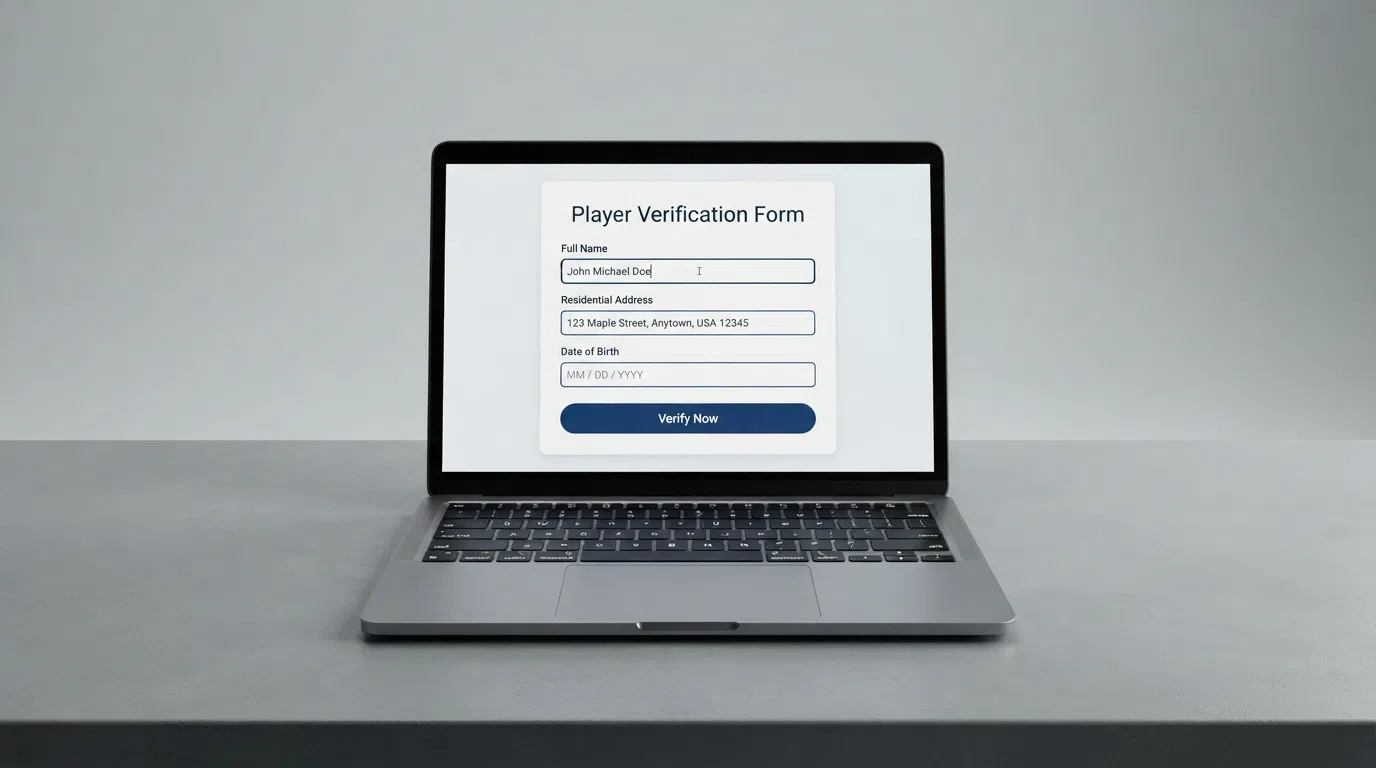 A verification form on screen asking for a player's name, address and date of birth before play