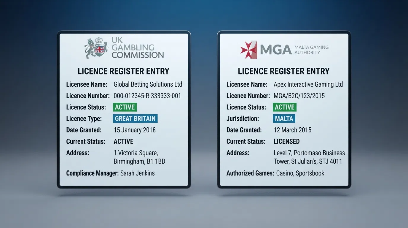 Side-by-side licence-register entries: a UK Gambling Commission record next to a Malta Gaming Authority record