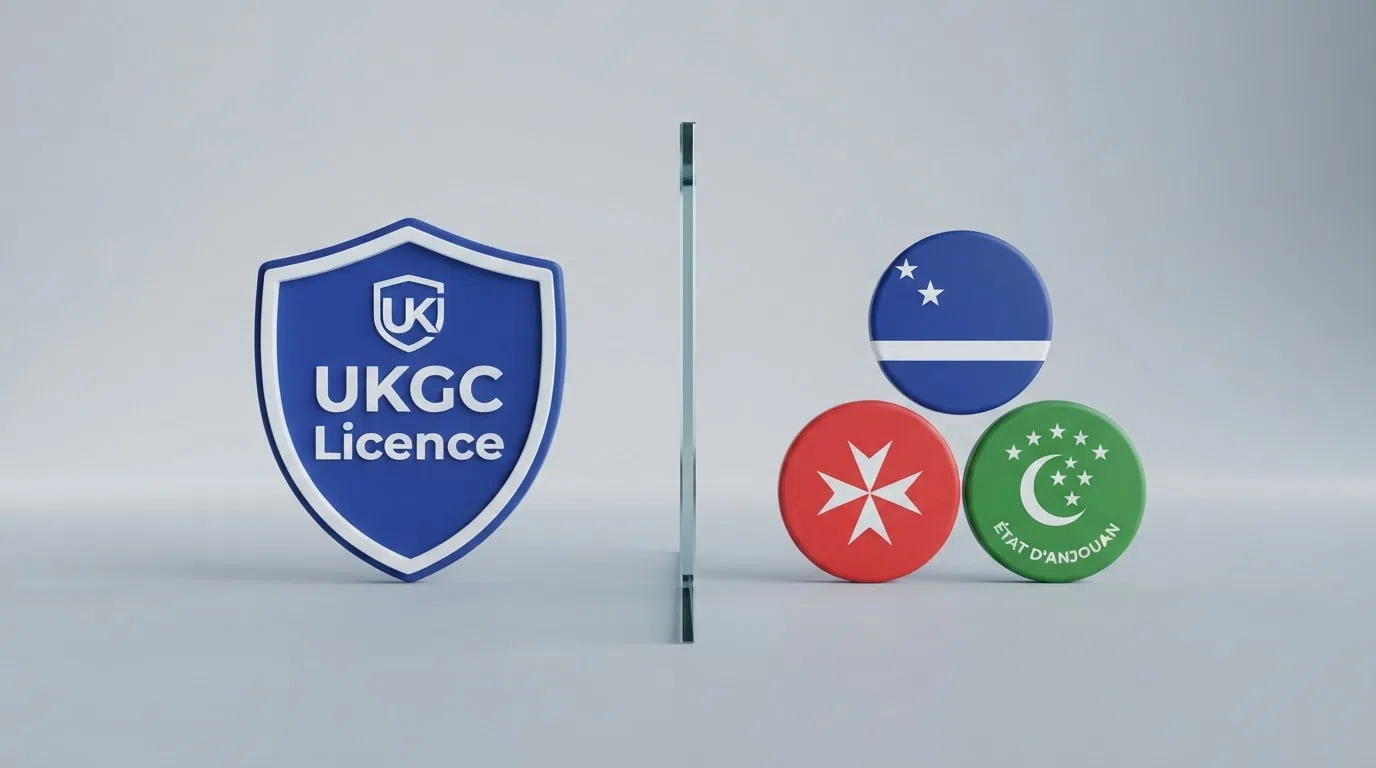 A side-by-side diagram with the UK Gambling Commission logo on the left and offshore licence seals from Curaçao, MGA and Anjouan on the right, separated by a vertical divider