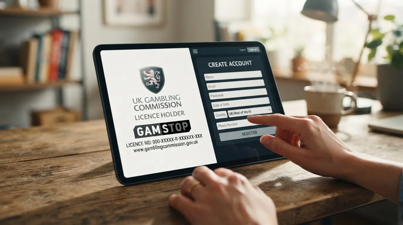 A split screen contrasting a UK licence badge with an offshore casino sign-up form