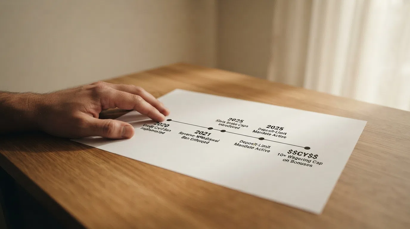 A simplified timeline spanning 2020 to 2026 with five markers — the credit-card ban (2020), the reverse-withdrawal ban and auto-play ban (2021), the slots stake caps (2025), the deposit-limit mandate (2025), and the 10× wagering cap (2026) — each with a short label