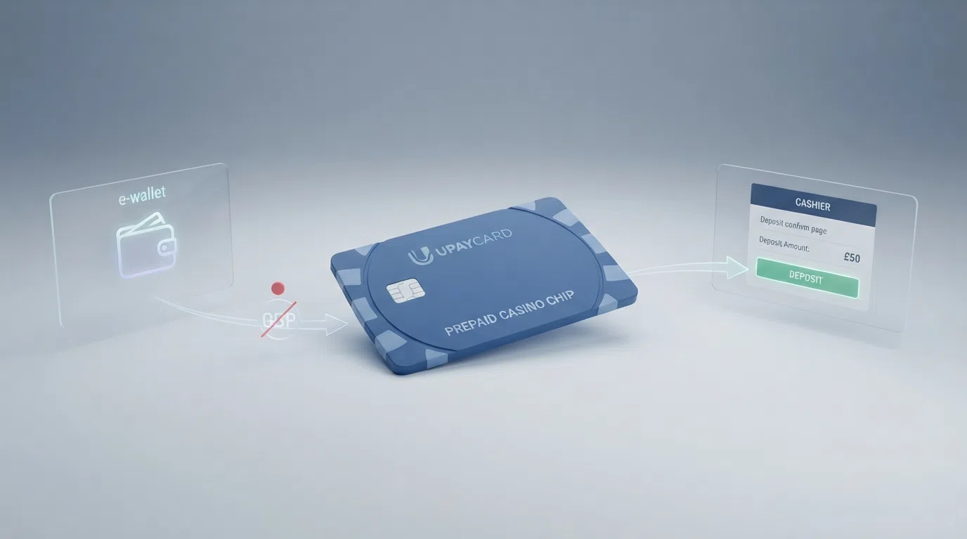 A simplified diagram of the deposit flow from a player's UpayCard e-wallet account through a casino cashier, with a stop marker at the currency-conversion step and a note that GBP is not a supported account currency