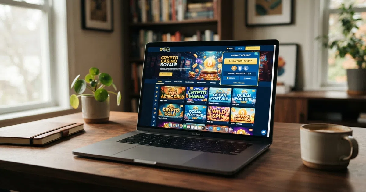 Laptop screen showing an offshore casino lobby with slot games and a cryptocurrency deposit panel