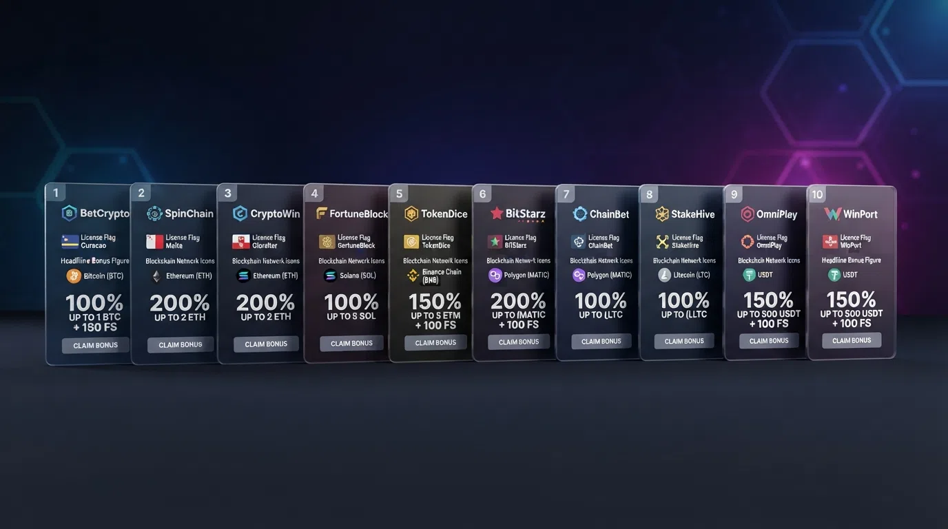 A stylised arrangement of ten casino brand cards in ranked order, each showing its licence flag, USDC network icons and a single headline bonus figure, against a dark crypto-themed background