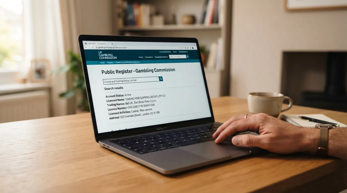 A search box on the Gambling Commission public register showing a licensed business result
