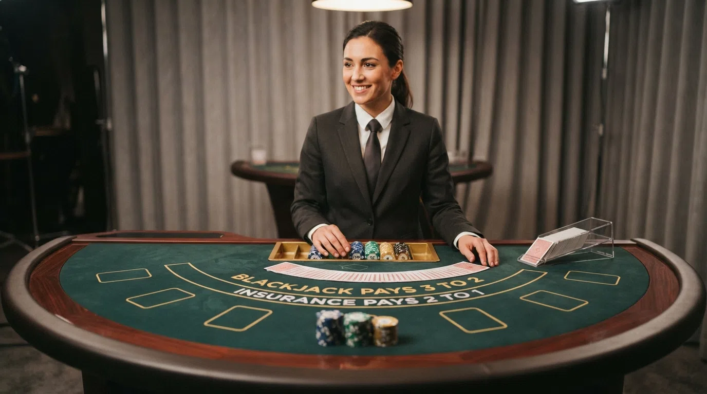 A live-dealer roulette or blackjack table with a suited dealer and an empty VIP seat, set in an upscale studio