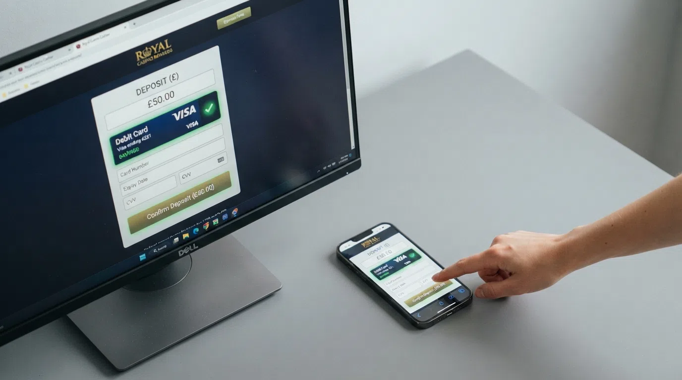 A desktop and mobile view of a casino cashier screen with Visa Debit selected, showing the deposit-amount field, card-detail form and a confirmation tick