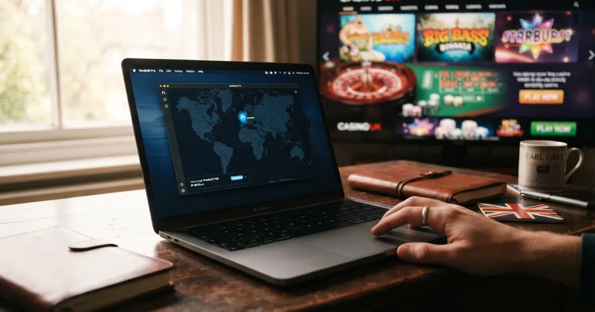 A laptop screen displaying a VPN connection interface with an online casino lobby visible in the background