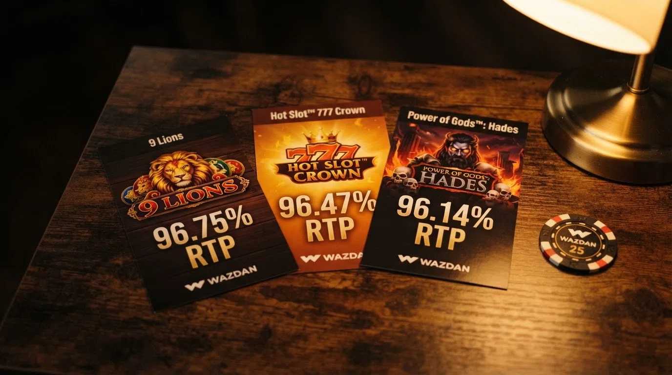 A selection of Wazdan slot title cards including 9 Lions, Hot Slot 777 and Power of Gods Hades, with their RTP percentages displayed as callout figures