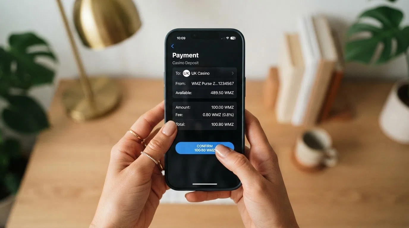 A close-up of the WebMoney Keeper app deposit screen showing a WMZ purse balance and a payment authorisation prompt