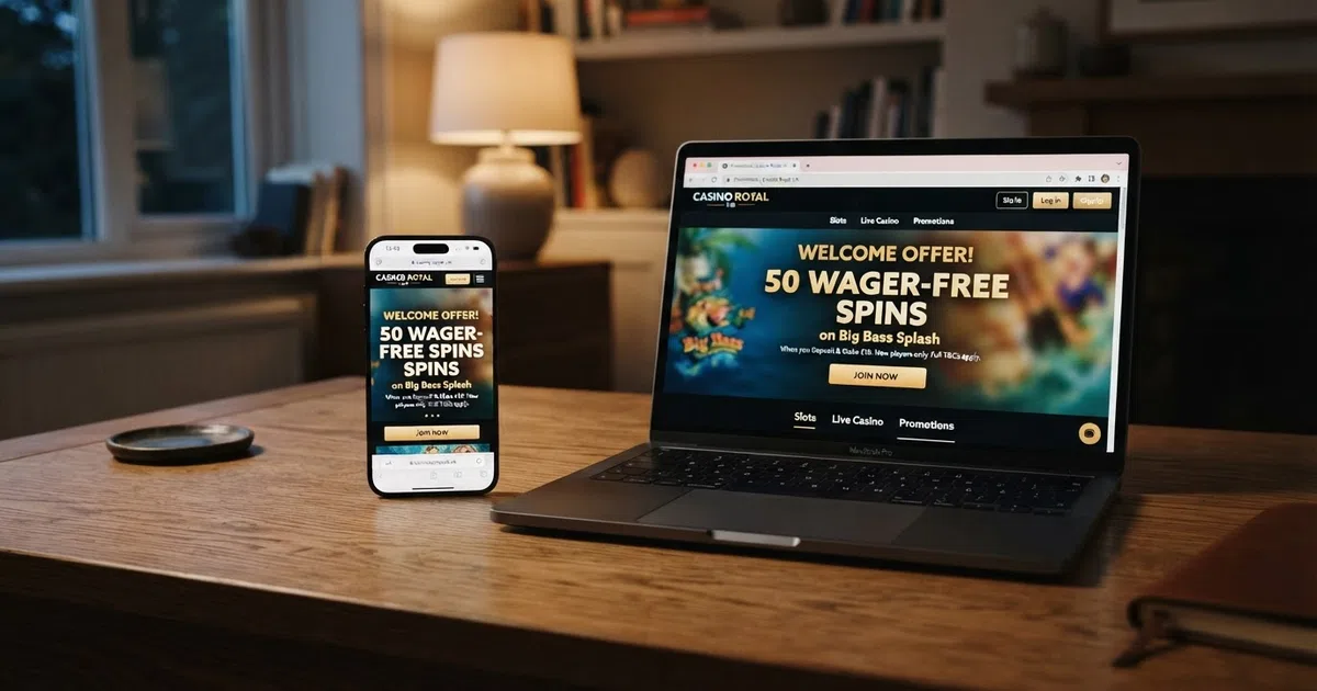 A desktop browser window open to a UK online casino promotions page, showing a welcome-offer banner with free-spin and deposit-match details, beside a smartphone displaying the same offer on a mobile site.