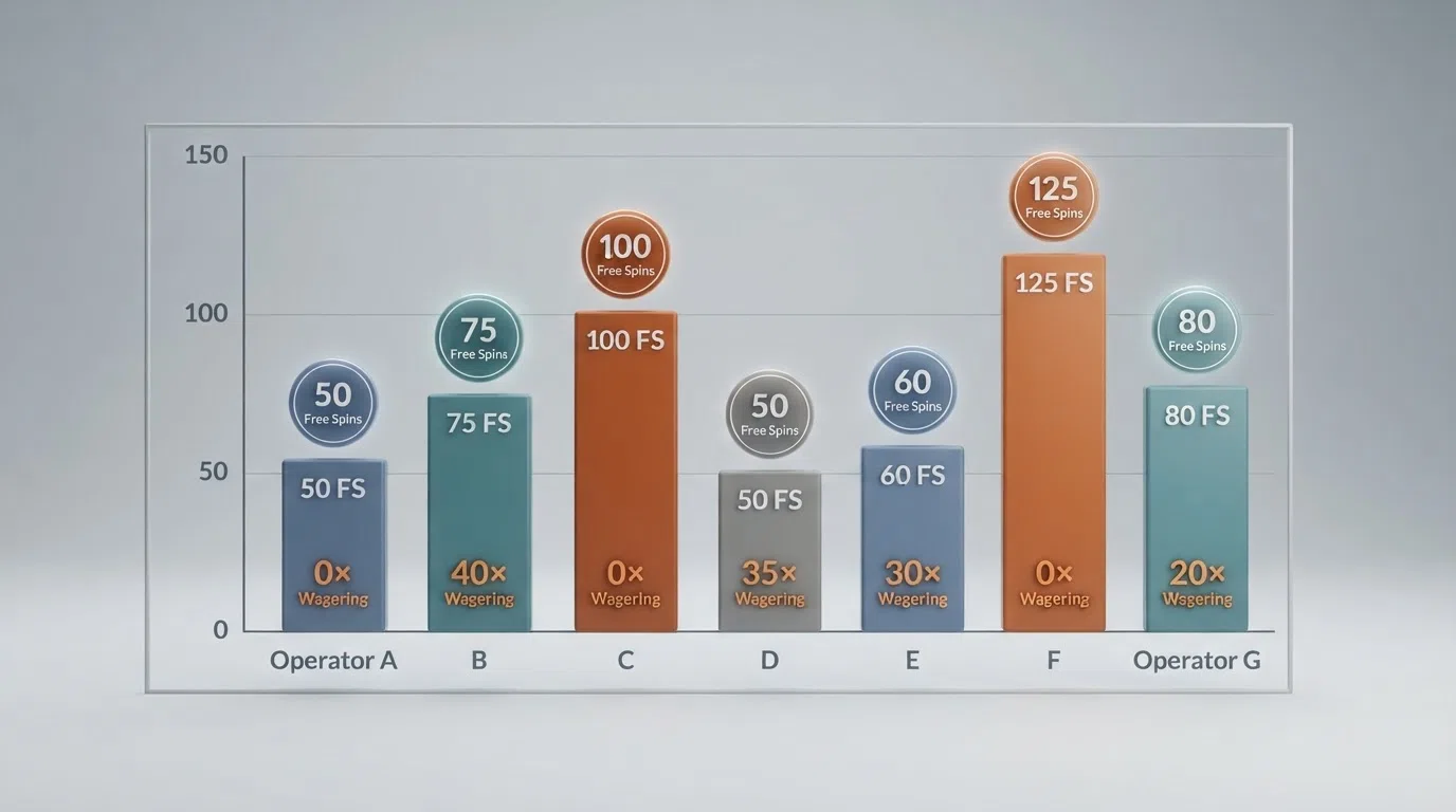 A side-by-side comparison graphic showing free-spin counts and wagering badges for several featured casino welcome offers