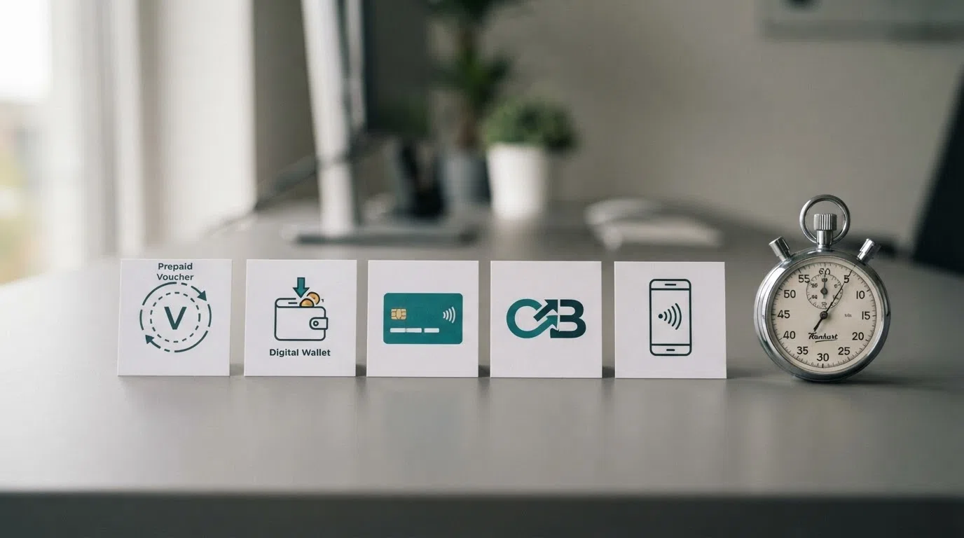 A row of payment logos for PayPal, Skrill, Visa, Trustly and Apple Pay arranged beside a stopwatch