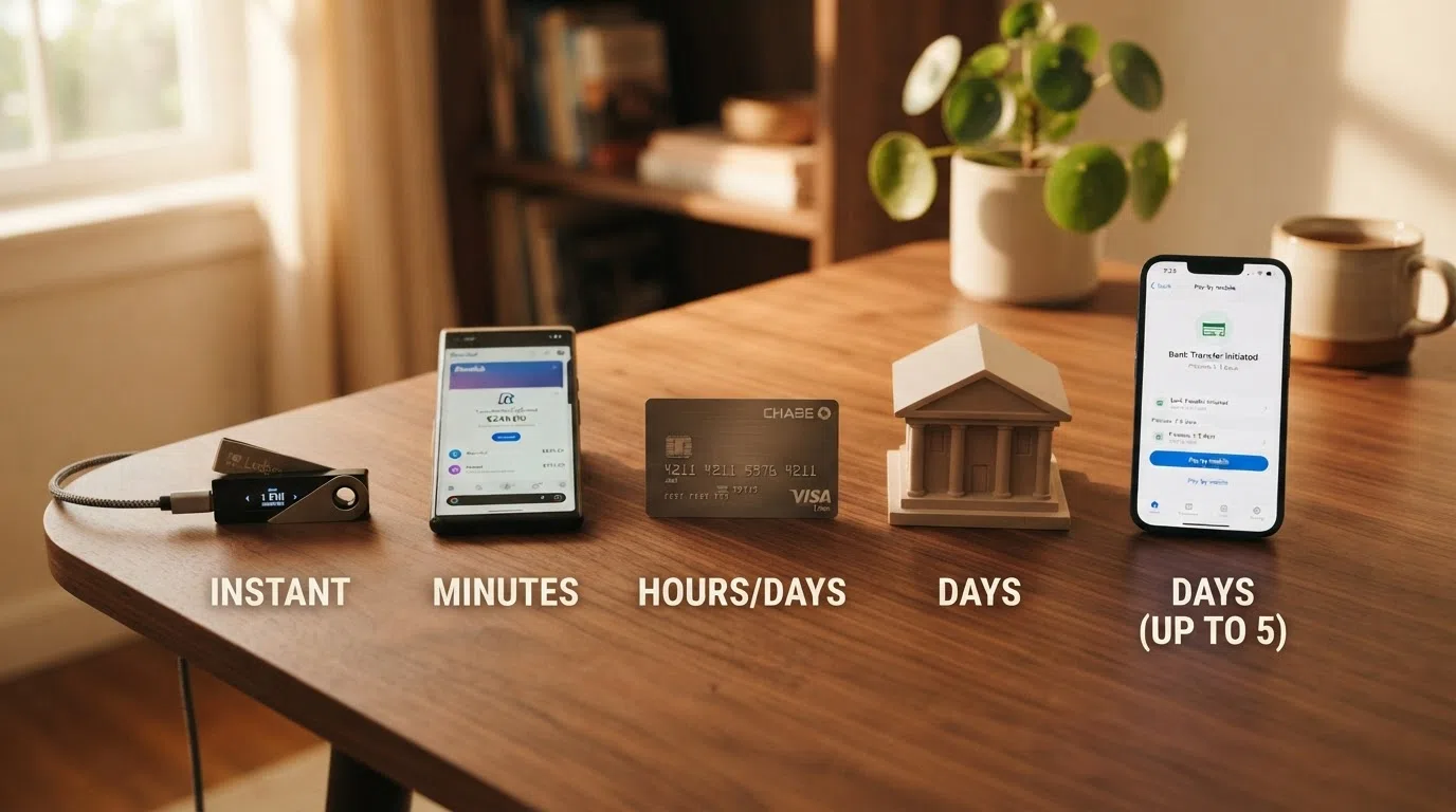 A graphic showing five withdrawal methods — crypto wallet, e-wallet app, debit card, bank building and mobile phone — arranged left to right from fastest to slowest with representative processing times beneath each