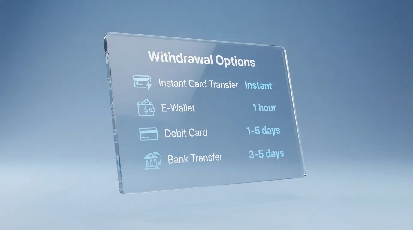 A withdrawal screen listing payment methods — Visa Direct, PayPal, debit card and bank transfer — each with a time beside it.
