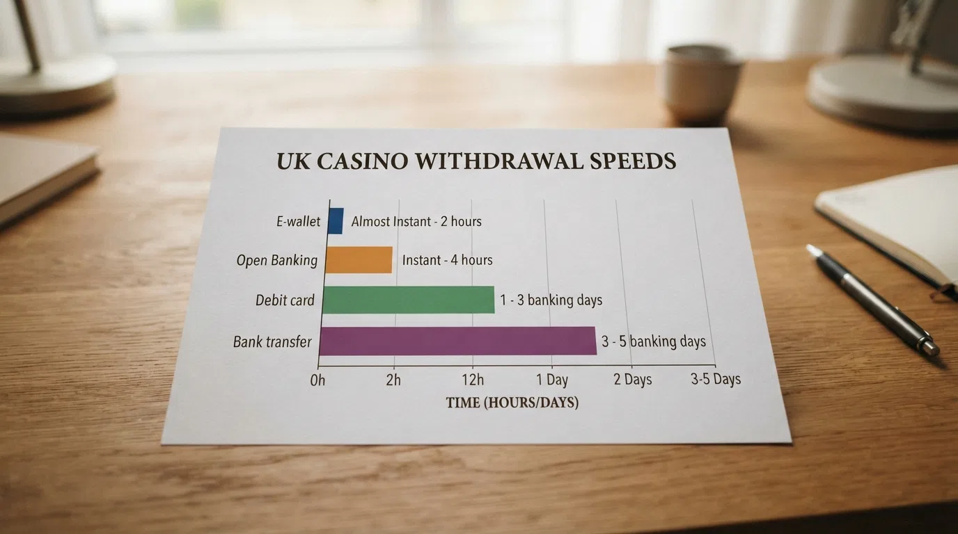 A horizontal bar chart comparing withdrawal speed from fastest to slowest — e-wallet, Open Banking, debit card and bank transfer