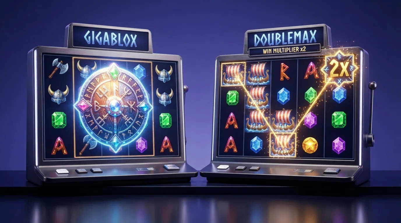 A side-by-side close-up of two Yggdrasil slot reels — one showing a GigaBlox giant symbol block and the other a cascading win sequence — with the Yggdrasil studio logo