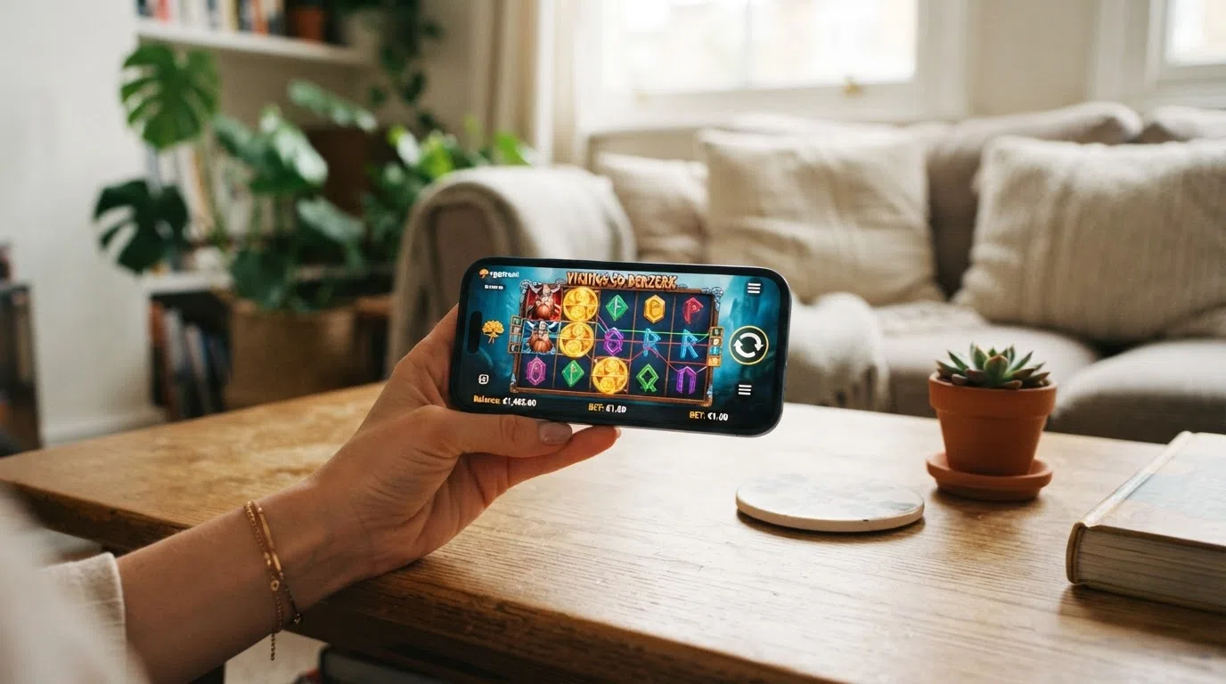 A smartphone held in landscape orientation displaying a Yggdrasil slot in a mobile browser, with touch-control overlays visible