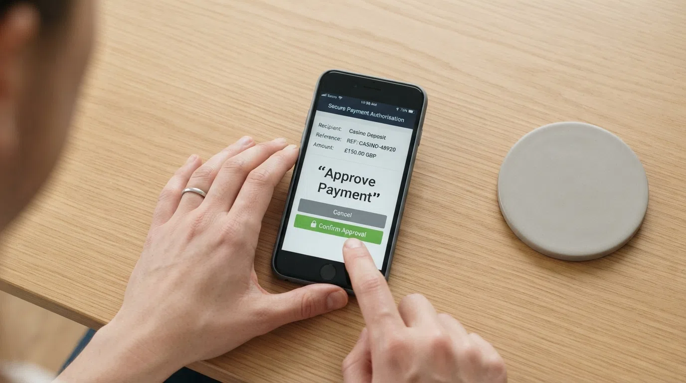 A phone screen showing an account-to-account bank payment being approved for a casino deposit